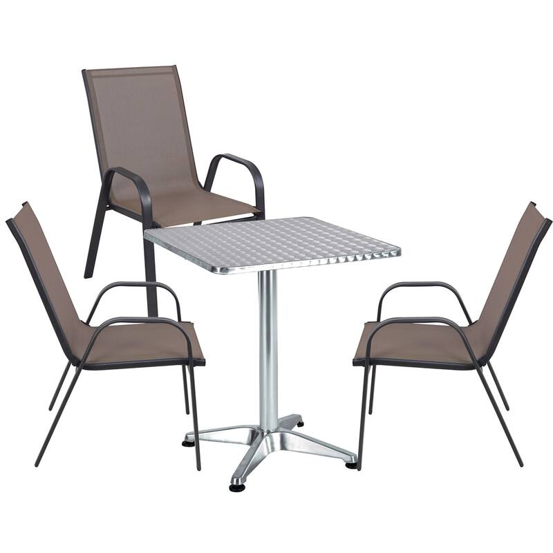BTEXPERT Indoor Outdoor 23.75" Square Restaurant Table Steel Aluminum + 3 Brown Flexible Sling Stack Chairs - Brown
