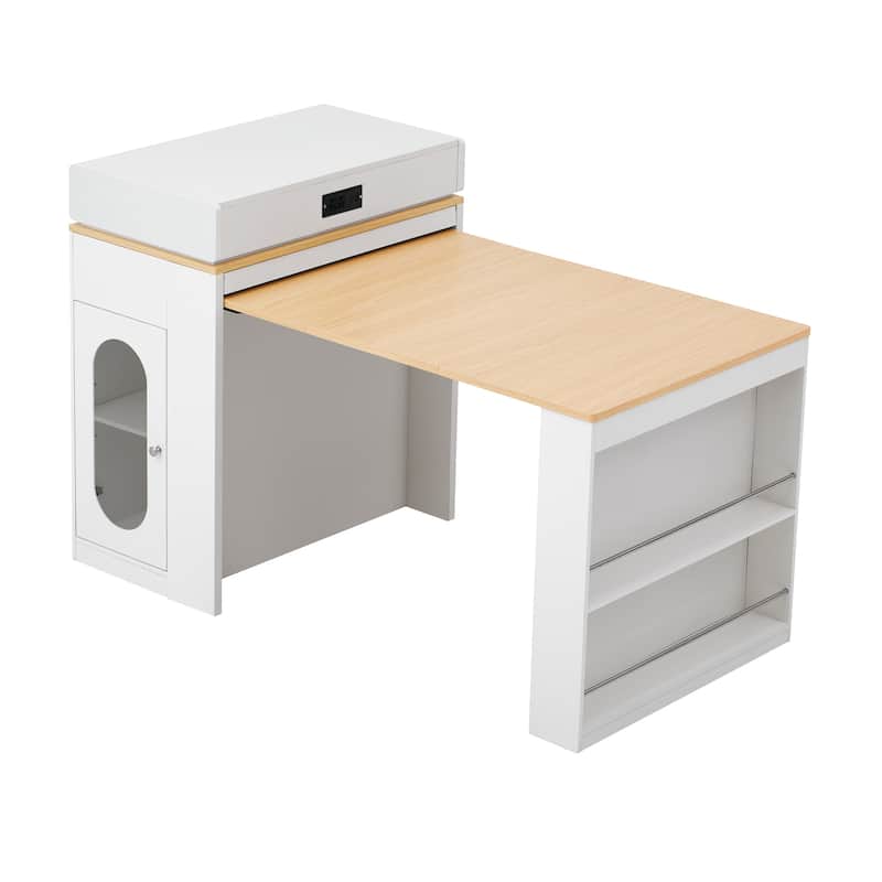 Extendable Dining Table with Folding Tabletop, Bar Table with Drawers and Power Outlet, Kitchen Island with Wheels and Hooks