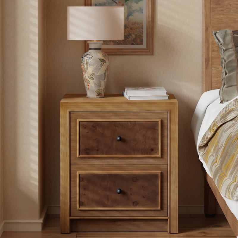 COZAYH Fully Assembled Wooden Nightstand, Burl Front Dresser in Farmhouse Style, Natural Finish Bedside Table with Ample Storage - 2-drawer