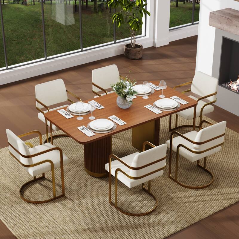 Mid Century Modern Solid Wood Dining Table with Double Pedestal Base