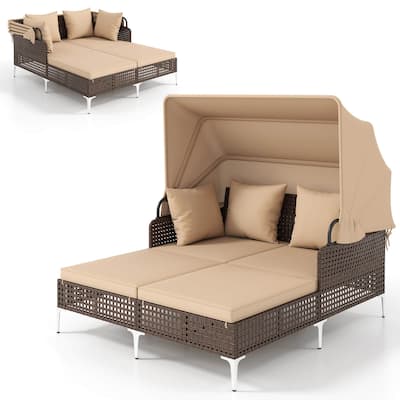 Costway Outdoor Rattan Double Daybed with Retractable Canopy & Seat - See Details