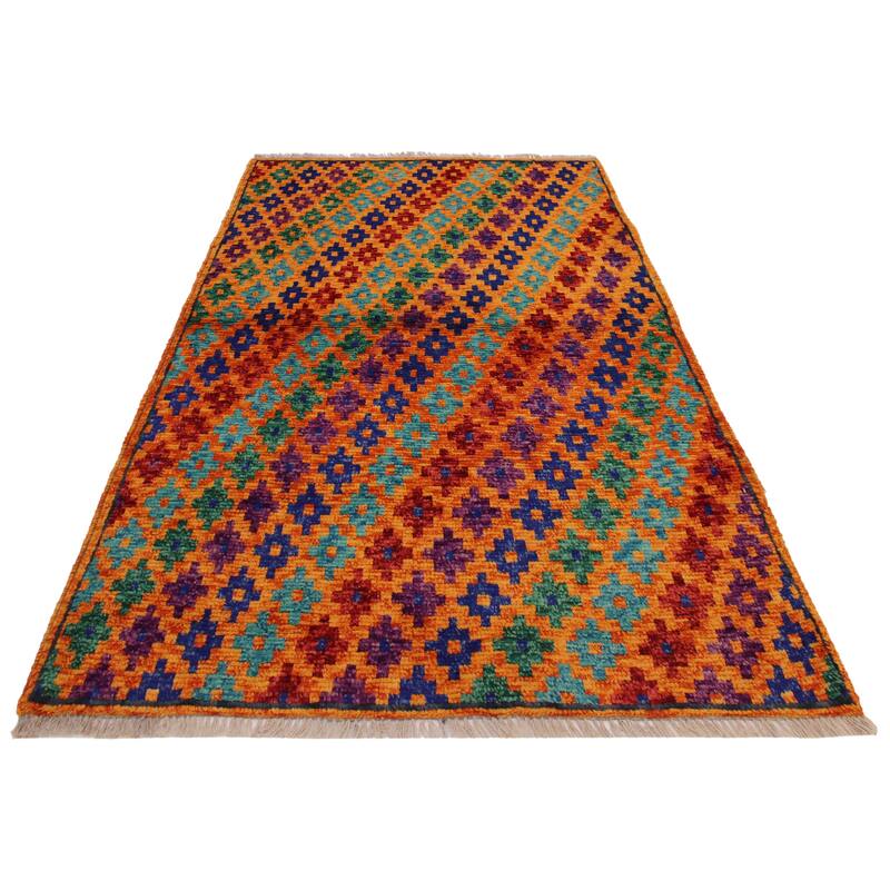 Modern Balochi Fry Orange/Blue Hand Knotted Wool Rug - 3'4'' x 4'10''