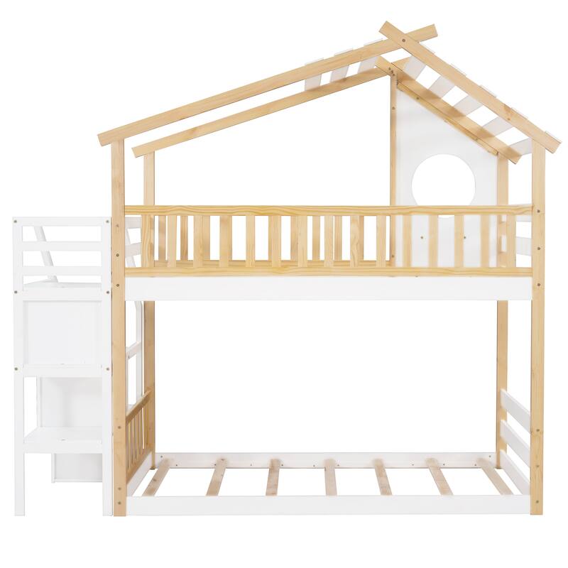 Stairway Twin-Over-Twin Bunk Bed with Playhouse Design and Storage Drawers