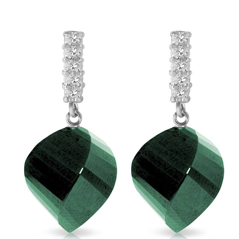 14K Solid Gold Diamond & Natural Briolette Emerald Gemstone Earrings