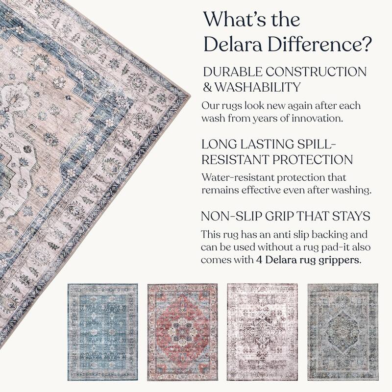 Delara Machine Washable Area Rug, Soft & Durable, Non-Slip Backing, Eco- Friendly GRS certified.