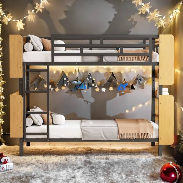 slide 2 of 14, Black Metal Twin Over Twin Bunk Bed with Storage Space, Ladder and Full-Length Guardrail