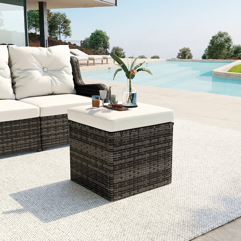 17.7" W Outdoor Rattan Patio Square Ottoman with Seat Cushion