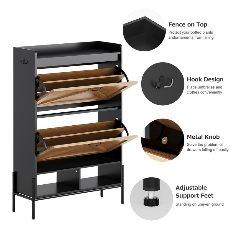 Shoe Cabinet with 2 Flip-Up Drawers, Hidden Shoe Storage Cabinet with Open Storage for Entryway, Hallway, Bedroom