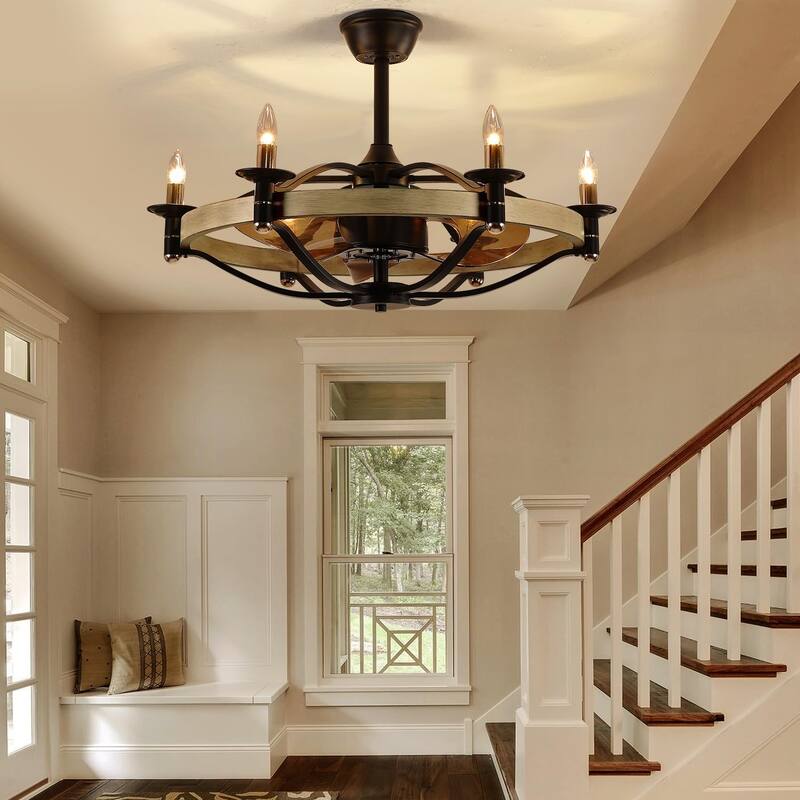 23"/32" Modern Chandelier LED Ceiling Fan with Remote,Wood Grain Caged Fandelier