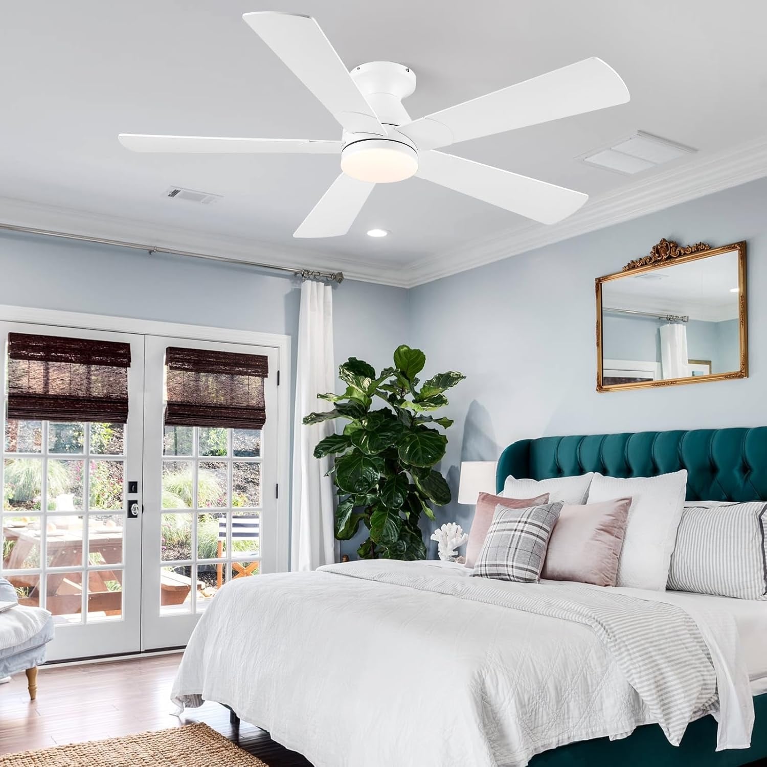 52-Inch Scandinavian Flush Mount Ceiling Fan, 5 Dual-Finish Blades, Dimmable 3CCT Light and Remote - 52 Inches
