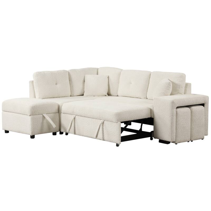 87.7" Chenille Sleeper Sectional Sofa with Wireless Charging & Stools