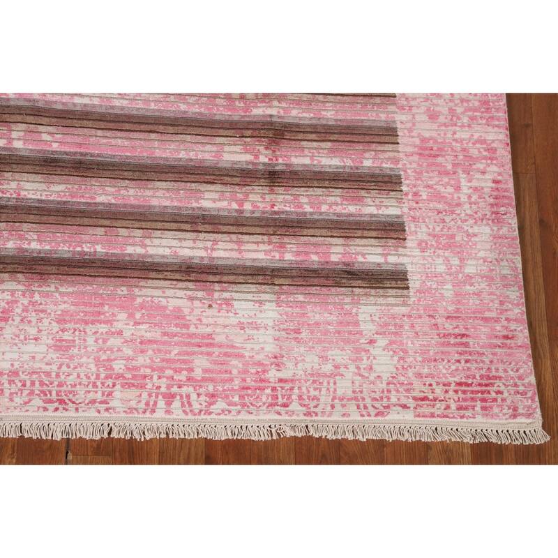 Striped Pink Abstract Area Rug Hand-Knotted Modern Wool Carpet - 6'6"x 9'0"
