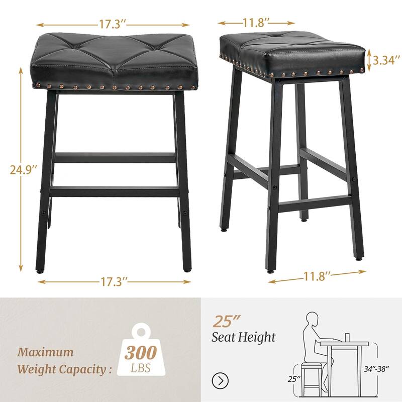 Javlergo Bar Stools Set of 2 Upholstered Backless Saddle Stools Counter Height Stools with Metal Legs