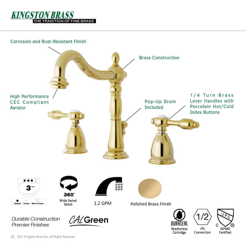 Kingston Brass Tudor Widespread Bathroom Faucet in Polished Brass