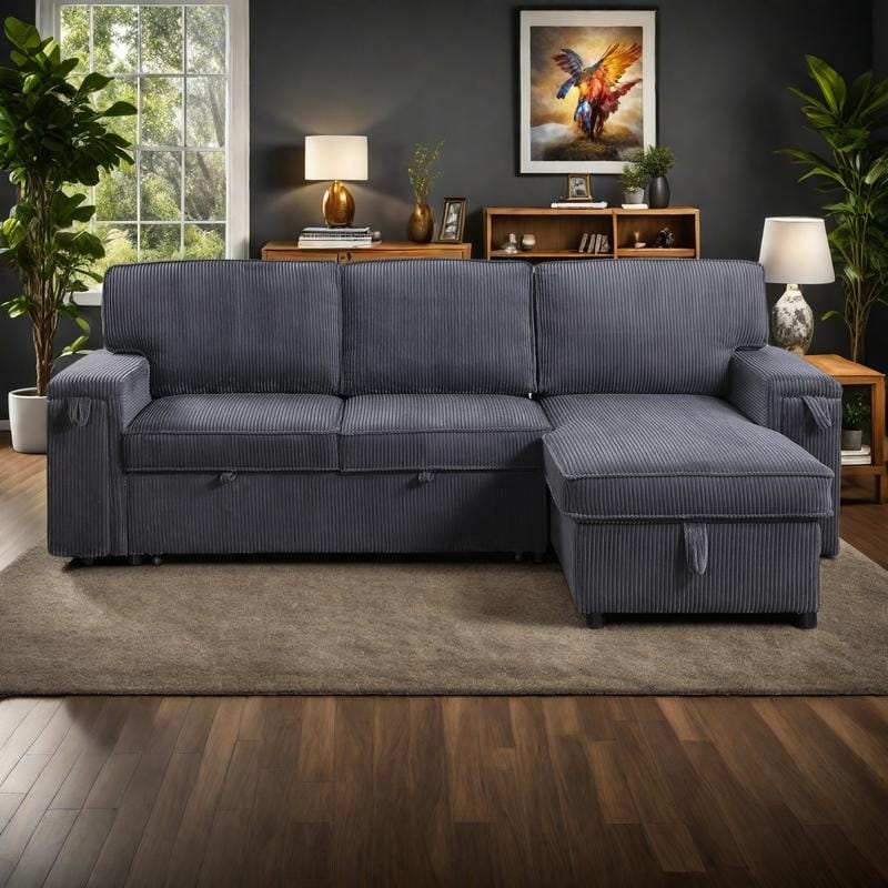 96" Chenille 3-Seat Sleeper Sectional Sofa with Storage Chaise - Gray