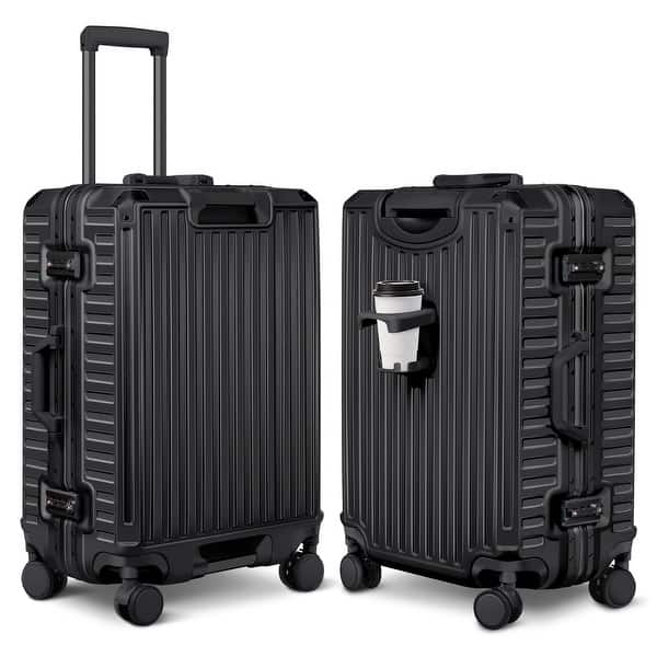 slide 2 of 21, Zipperless Aluminum Frame Luggage with Spinner Wheels TSA Lock and Cup Holder 28" Hard Shell Suitcase Black