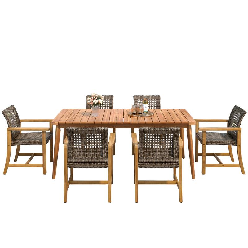 Roomfitters 7-Piece Outdoor Dining Set, Acacia Wood Patio Table and 6 Wicker Armchairs for Garden Backyard