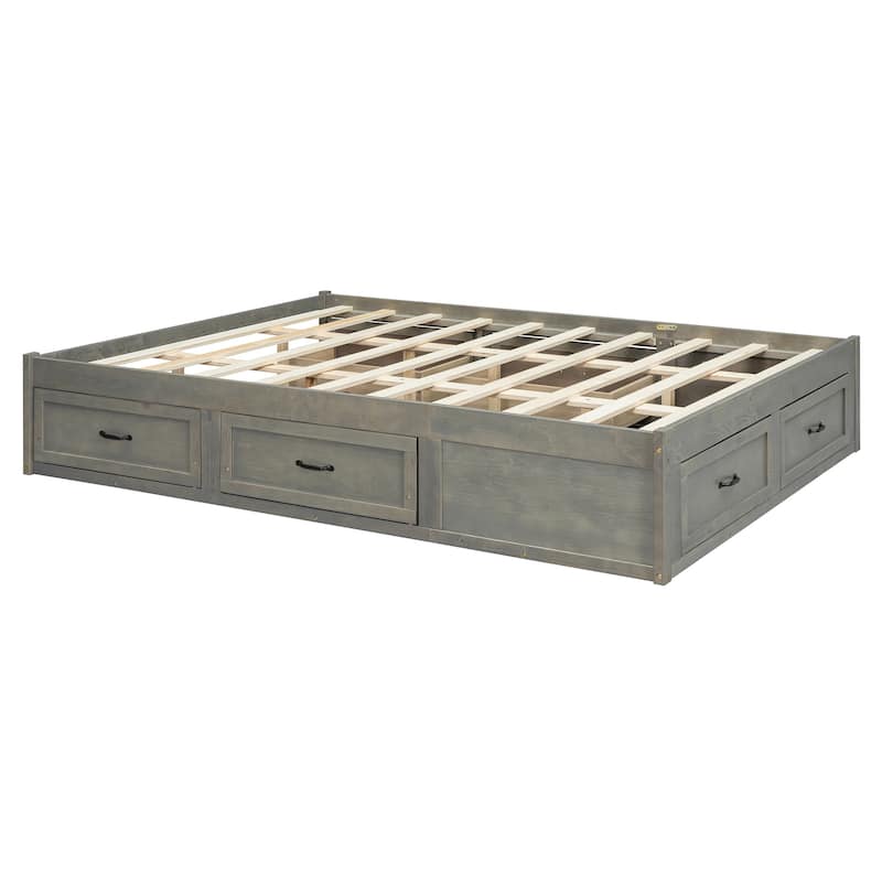 Queen Size Platform Bed Frame with 6 Built-In Storage Drawers, No Headboard, Low Profile Design in Antique