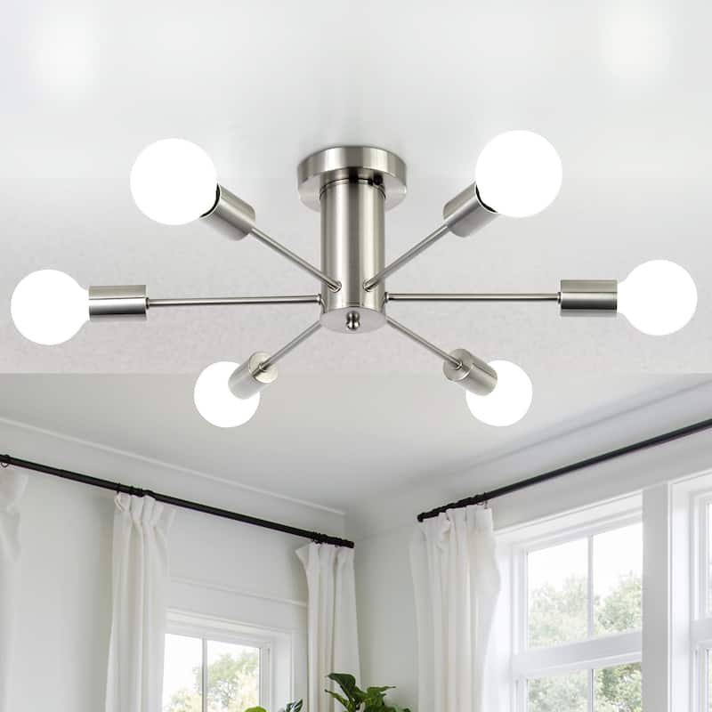 6-Light Mid Century Semi Flush Mount Chandelier for Dining Room - Nickel