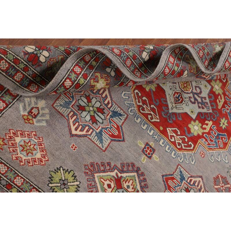 Gray Geometric Kazak Area Rug Living Room Handmade Wool Carpet - 5'7" x 7'3"