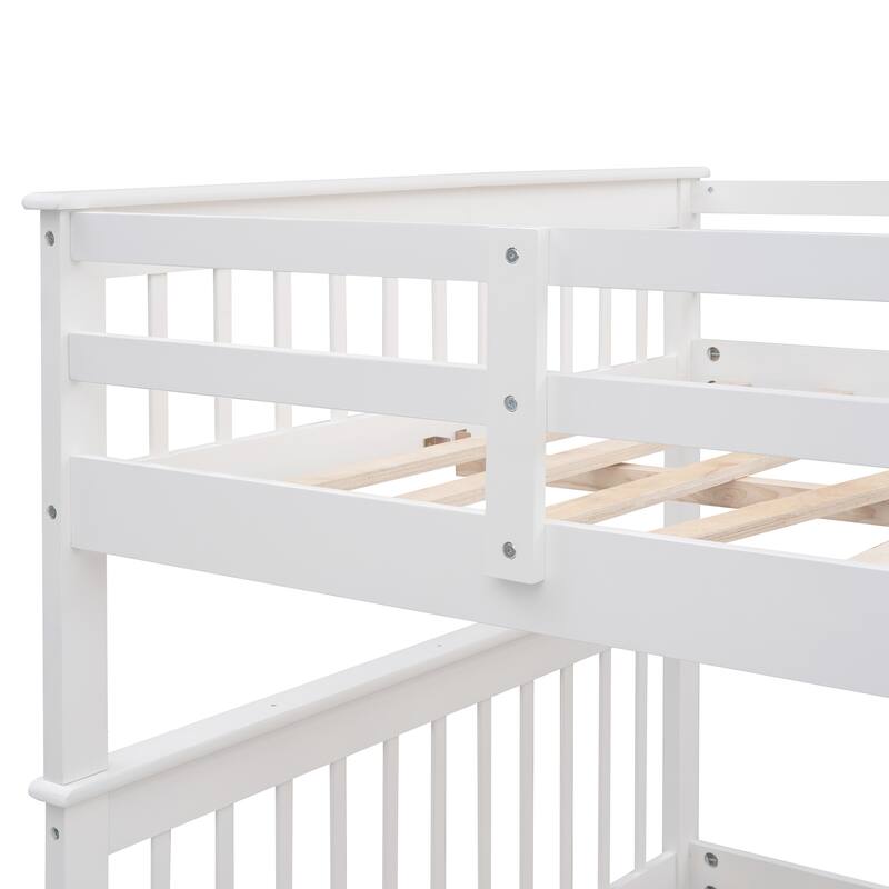 Full-Over-Full Bunk Bed with Storage Stairs and Guard Rail, White