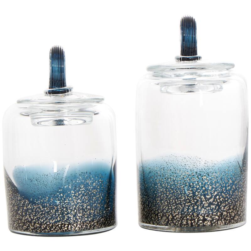 Brown or Blue Glass Handmade Decorative Jars with Gold Flake Details and Ring Lids (Set of 2)