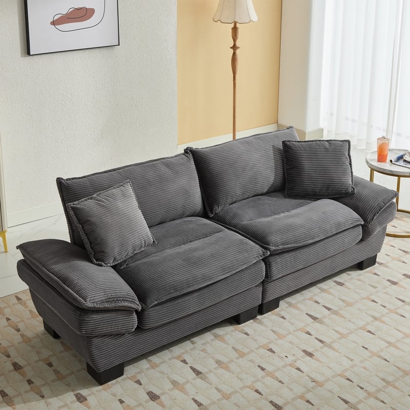 Oversized Corduroy Loveseat Sofa - 84" Wide Deep-Seat Couch with Pillows for Living Room, Apartment, Office - Grey