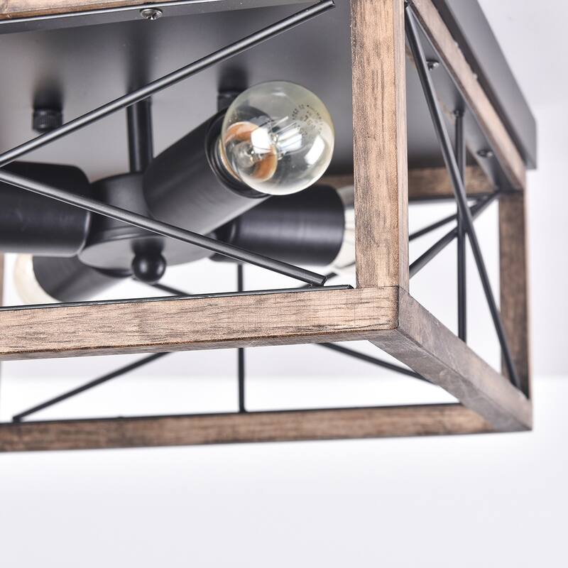 Black and Brown 4-Light Rustic Farmhouse Cage Shape Ceiling Lighting Fixture
