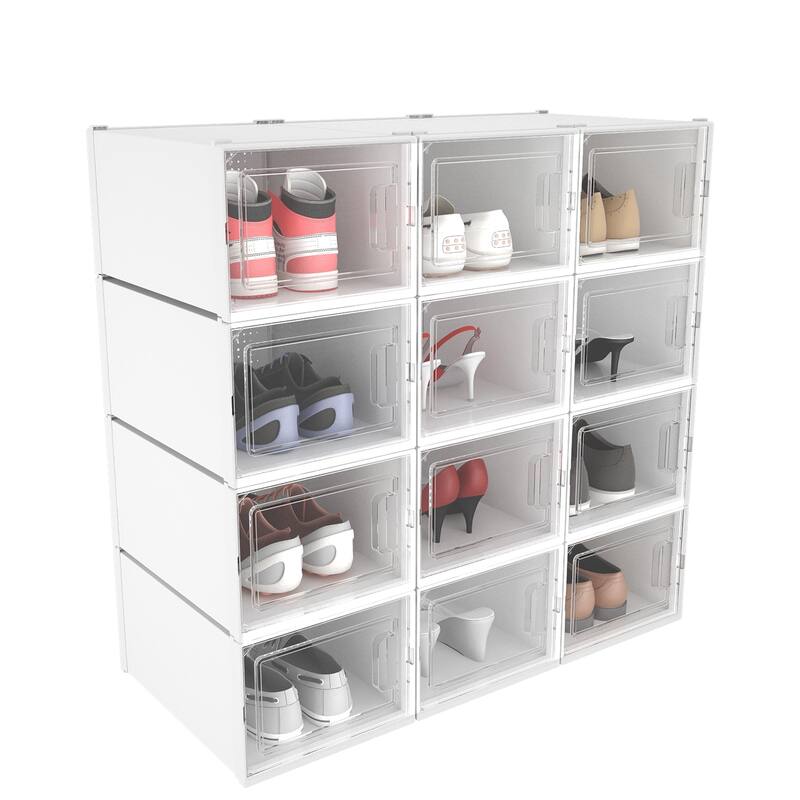 6/12/18 Pack Shoe Storage Box Plastic Stackable Shoe Organizer for Closet Foldable Sneaker Containers Bins Holders Racks
