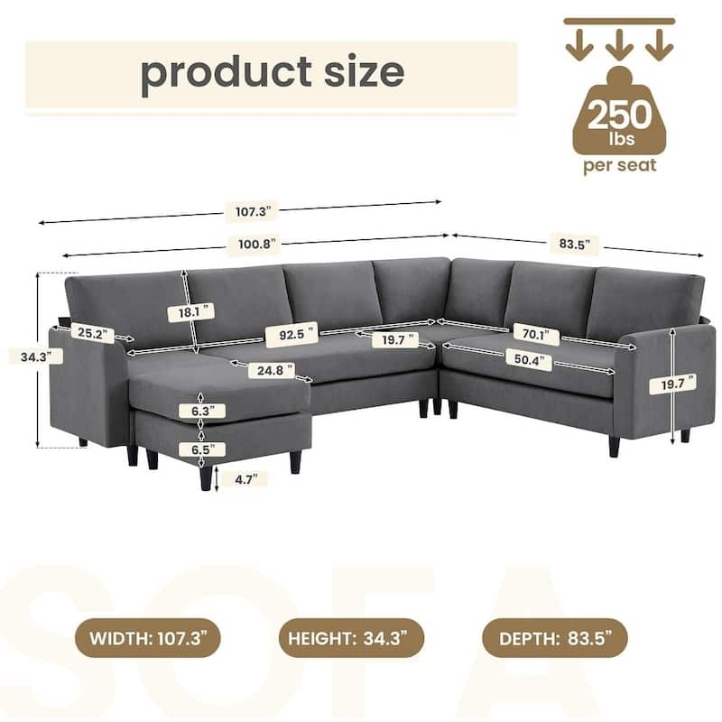Modern U-Shaped Chenille Modular Sectional Sofa with Ottoman, Overized Corner Couch for Living Room - 107" W