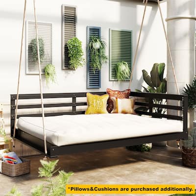 Acacia Wood Porch Swing Bed for Outdoor with Hemp Ropes - Full Size Patio Hanging Bed, Open-Side Minimalist Design