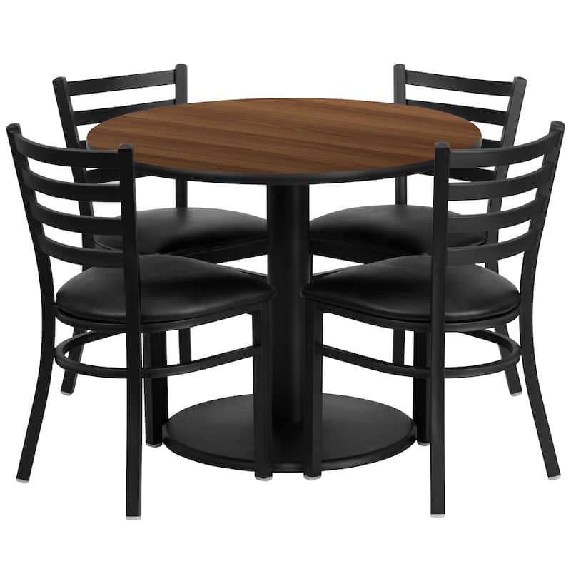 36'' Round Laminate Table Set with Round Base and 4 Ladder Back Metal Chairs - walnut top/black vinyl seat
