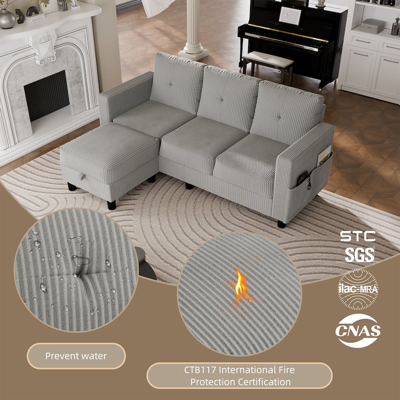 3-Seater Sectional Sofa with Movable Ottoman, Modern Living Room Couch