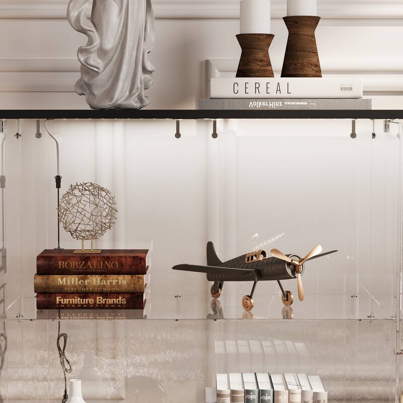 Black Bookcase Glass Display Cabinet with LED Lights, Modern Storage Showcase for Bags, Shoes, Liquor & Collectibles