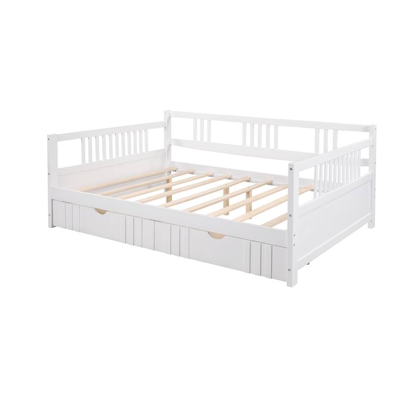 Daybed with Two Drawers, Solid Wood Frame, Guardrails, No Box Spring Needed