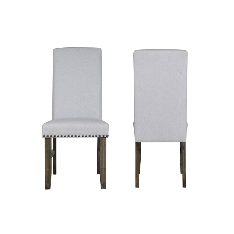 Luo 19 Inch Dining Chairs Set of 2, Nailhead Trim, Gray Fabric, Brown Wood