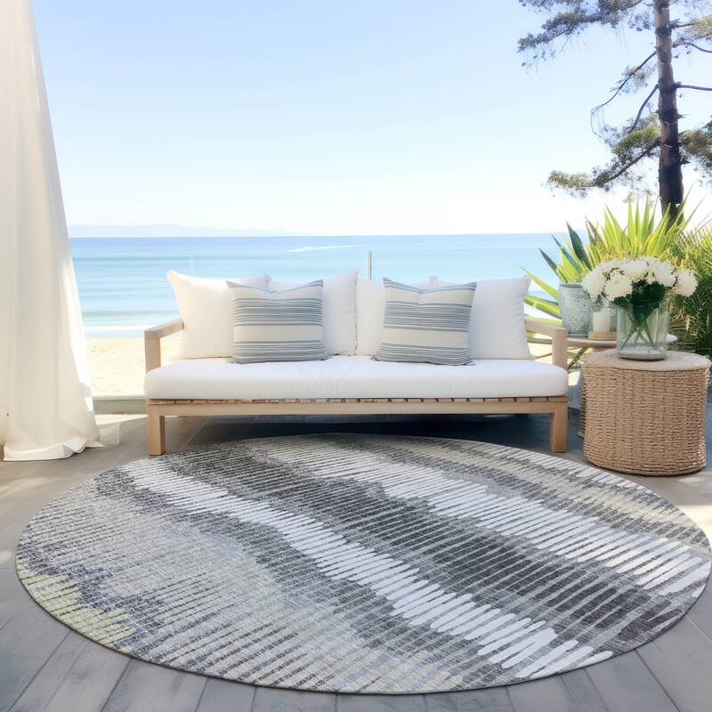 Machine Washable Indoor/ Outdoor Chantille Stripe Abstract Rug - Gray - 8' x 8'