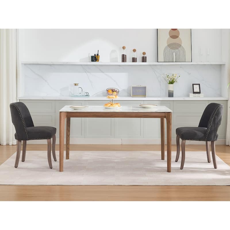 Fabric Upholstered Dining Chairs Set of 2, Kitchen Chairs with Curved Backrest, Accent Chair with Solid Wood Legs