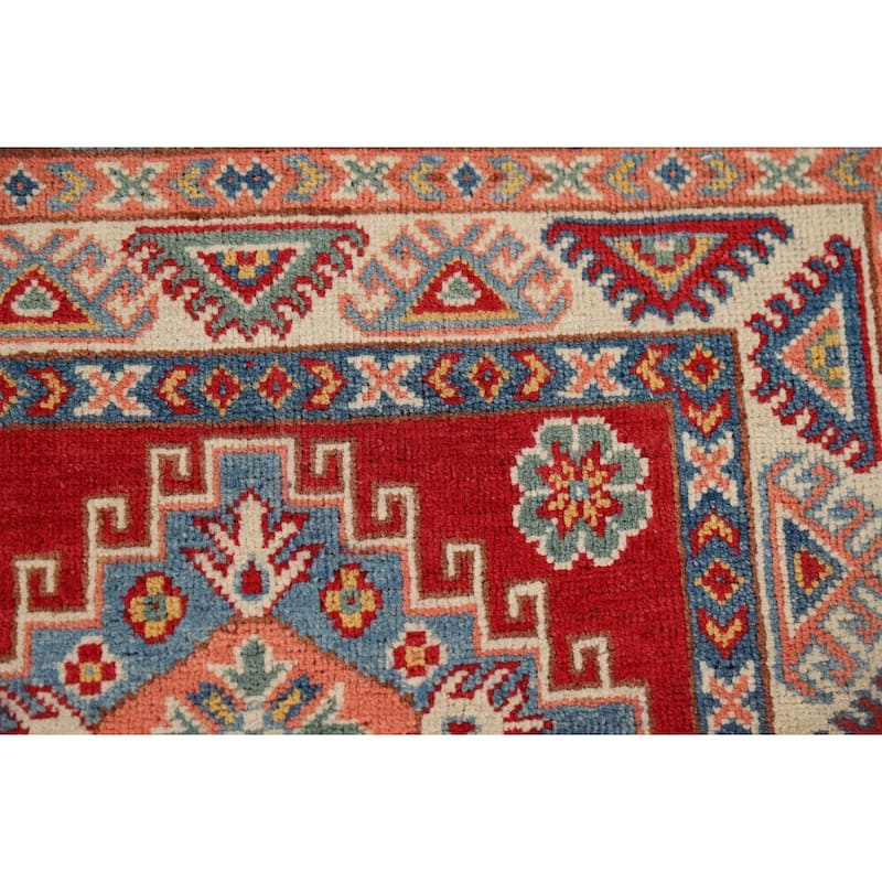 Geometric Red Kazak Oriental Runner Rug Hand-Knotted Wool Carpet - 2'7" x 9'4"