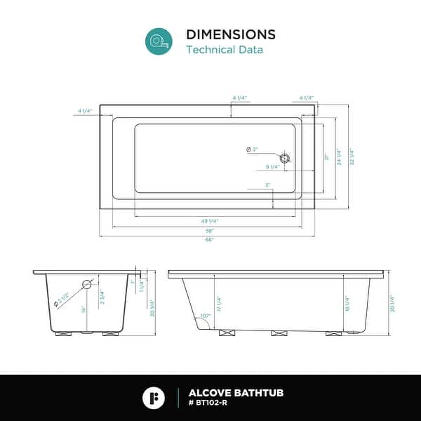dimension image slide 4 of 6, Fine Fixtures Tile-In White Fiberglass/Acrylic Soaking Bathtub with Built-in Tile Flange