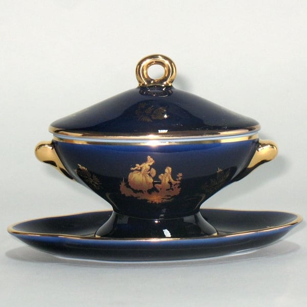Limoges Porcelain Miniature Soup Tureen, Cobalt 5 x 3.5 Inch Bed