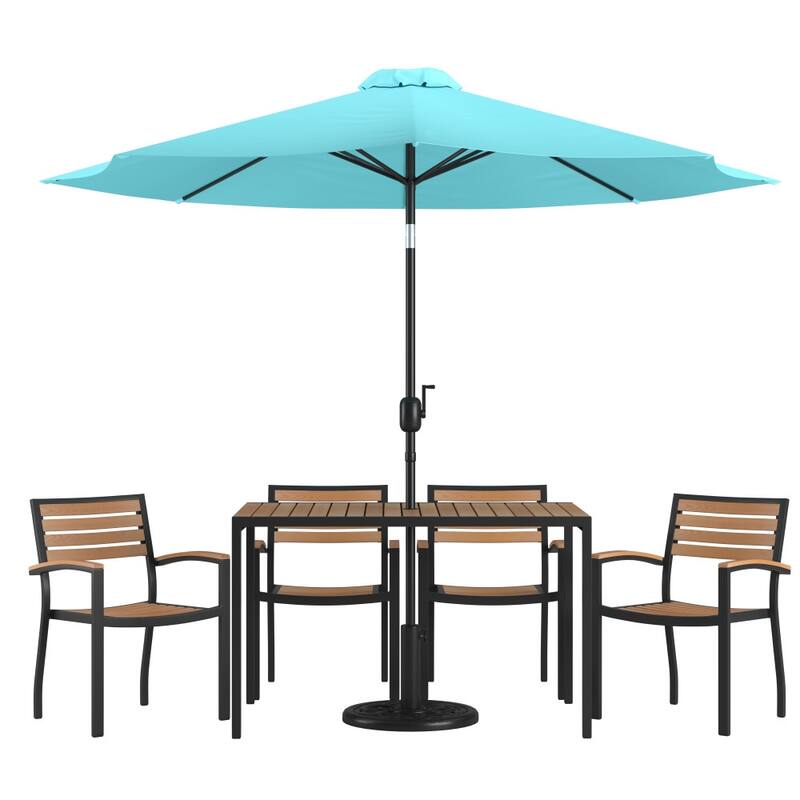 30" x 48" Faux Teak Patio Table, 4 Chairs and 9FT Patio Umbrella with Base