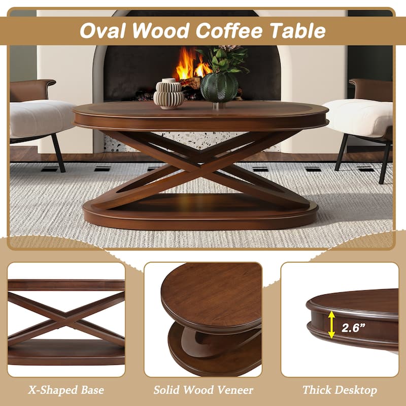 44 Inch Wood Oval Coffee Table with X-Shaped Base,Cocktail Table with Open Storage, Sofa Center Table for Living Room