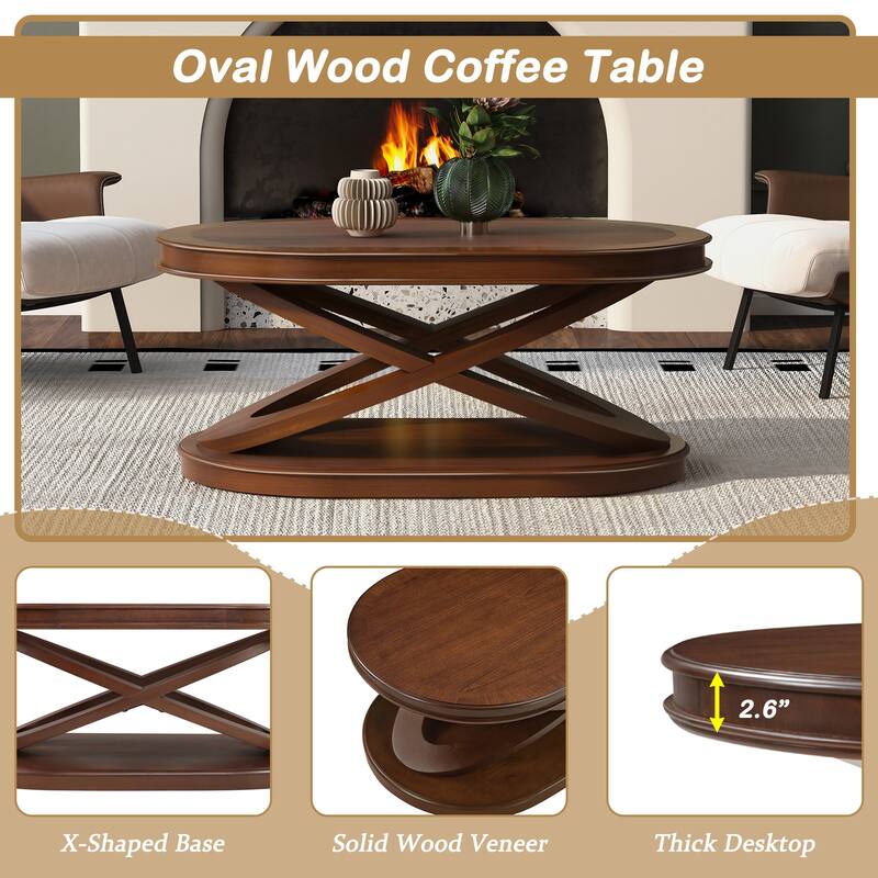 Oval Coffee Table & Round End Tables Set of 3, Retro Wood Table Sets with X-shaped Structure Base and Non-slip Foot Pads