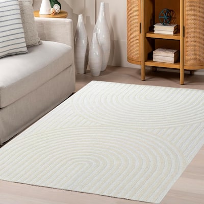 8x10 Light Cream & Ivory Geometric Waves Stripes Textured Large Area Rug - 8' x 10' Feet