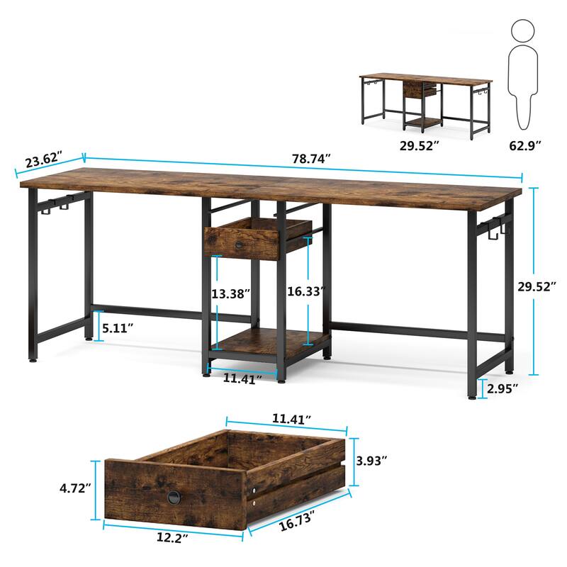 78'' Double Computer Desk with Drawers and Storage Shelves, Extra Large Long Two Person Desk Workstation for Home Office