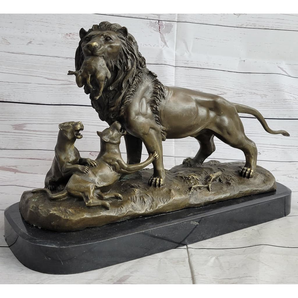 Signed Barye Male Lion With Cubs Bronze Figurine Sculpture Statue Animal Art