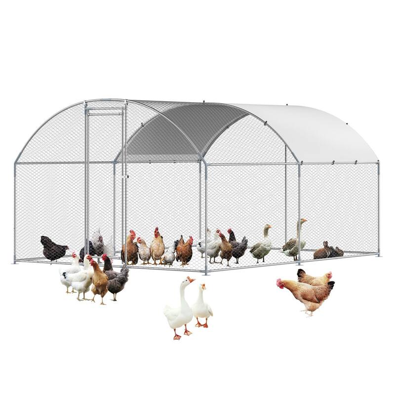 Silver Galvanized Steel Chicken Coop Run with PE Canopy and Protective Net - 3x4x2 m - Dome Roof
