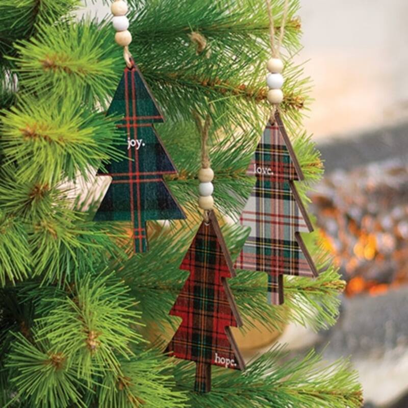 Wooden Plaid Christmas Tree Ornaments with Joy Hope Love Words and Jute Hangers 3 Asstd. - 4.75" H x 2.25" W x .25" D