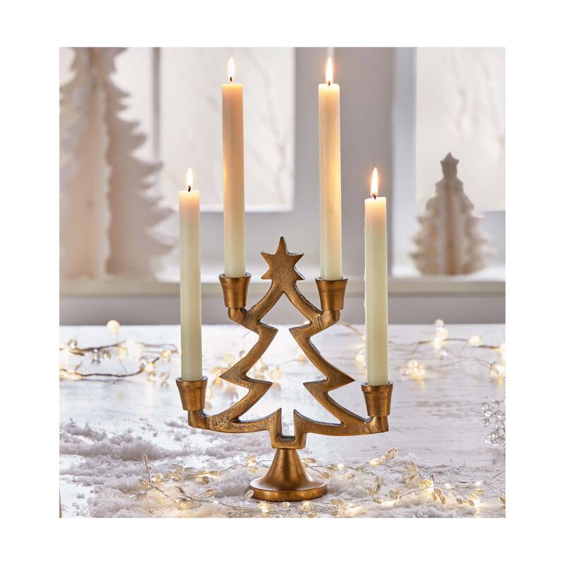 Antique Brass Gold Christmas Tree Taper Candle Holders Set of 2, 10.5 in H, Elegant Aluminum Decor for Holiday